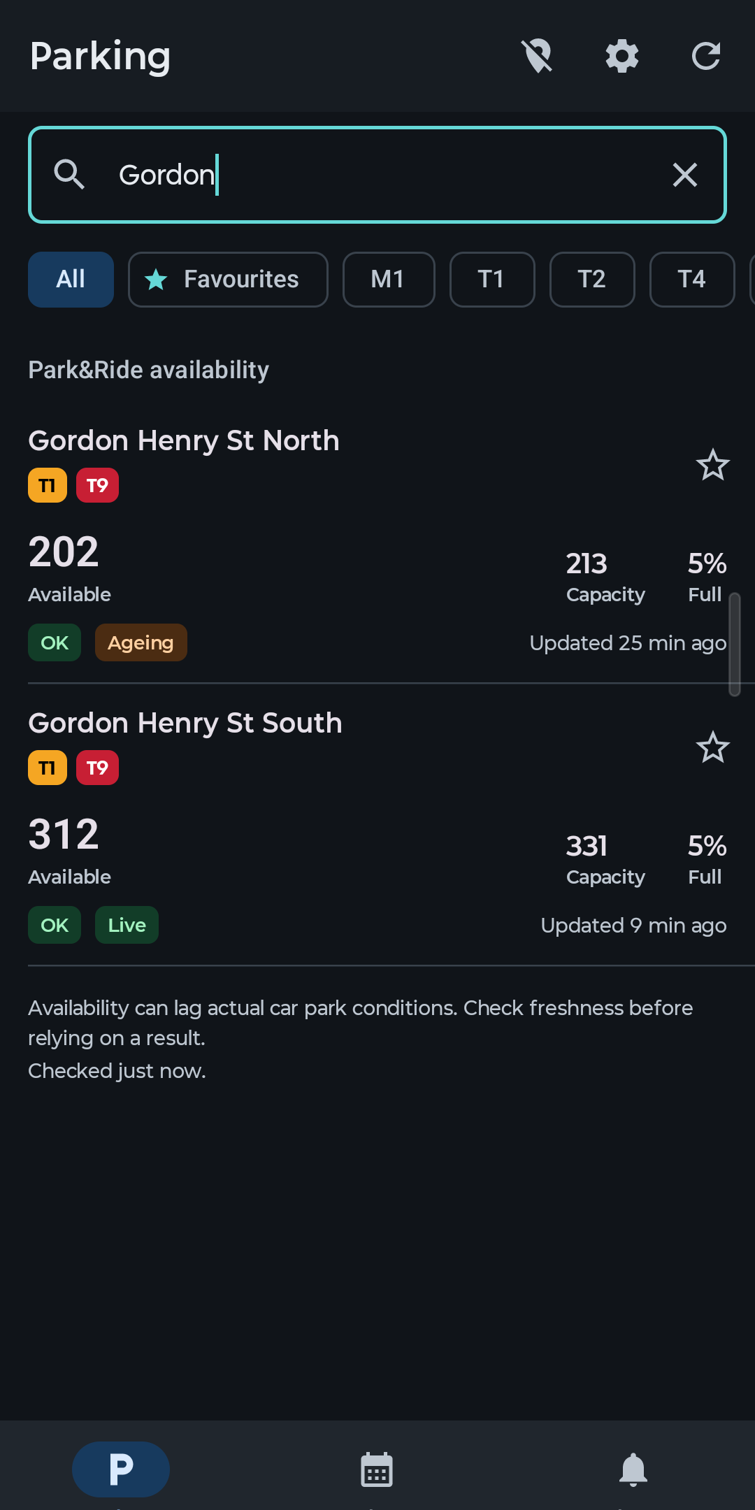Android live comparison for Gordon Henry Street North and South with separate spaces and update times
