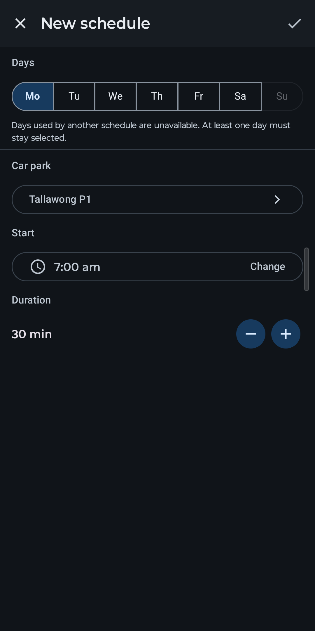 Android New schedule screen for selecting a car park, weekdays, start time and duration