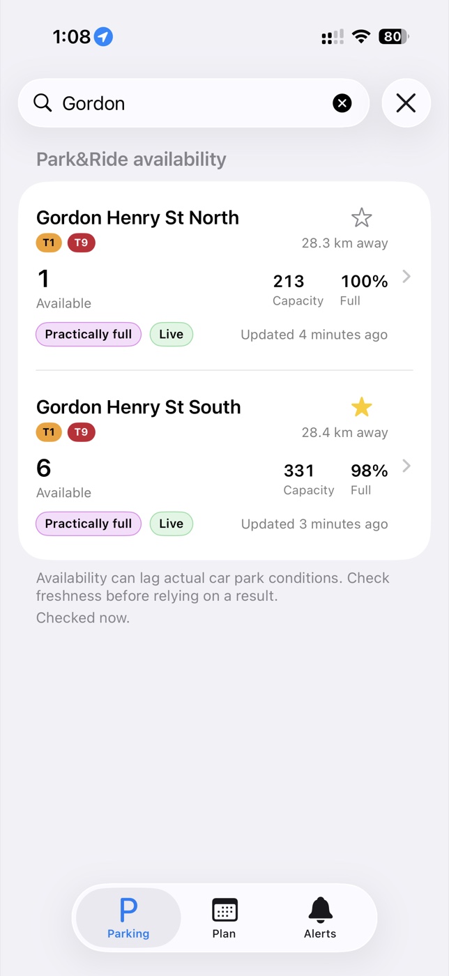 ParkRide Planner comparing Gordon Henry St North and South as separate live parking facilities