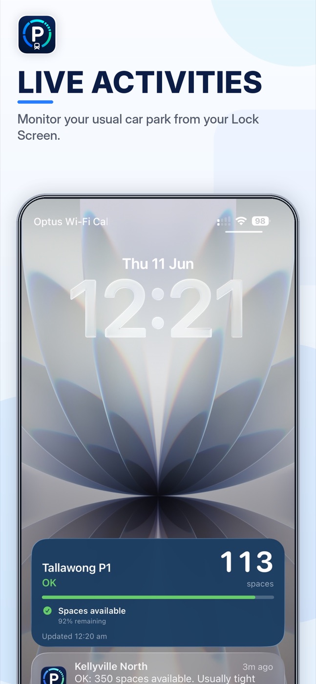 ParkRide Planner Lock Screen Live Activity showing parking availability