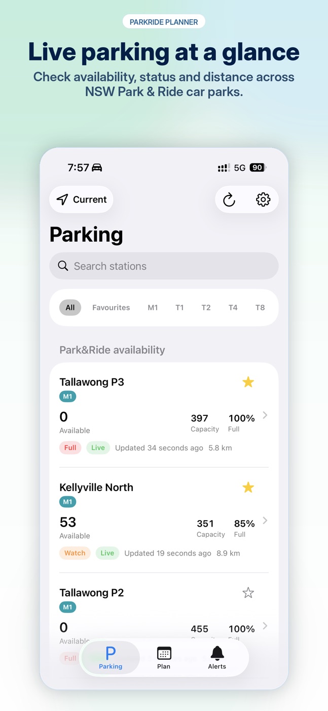 ParkRide Planner showing live Park and Ride car park availability on iPhone