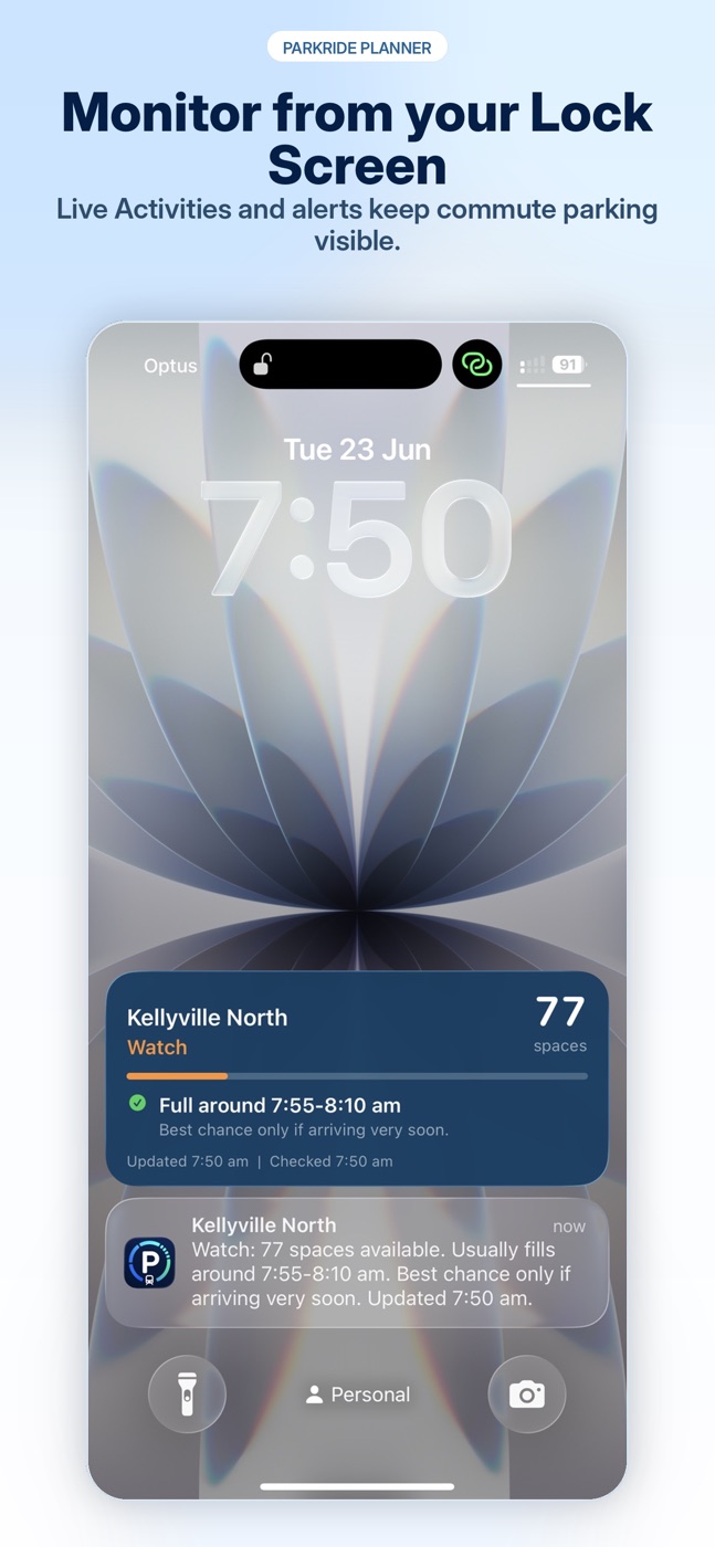Lock Screen Live Activity showing Park and Ride parking availability