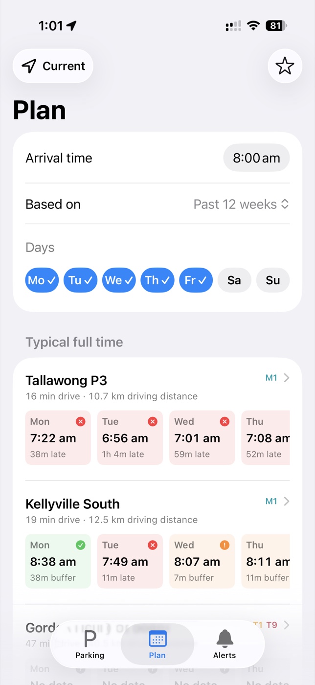 ParkRide Planner Plan screen using the Past 12 weeks baseline to compare practical-full times from Monday to Friday