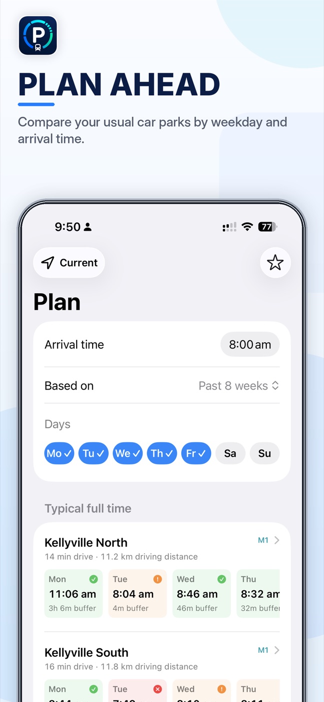 ParkRide Planner comparing favourite car parks by weekday and arrival time