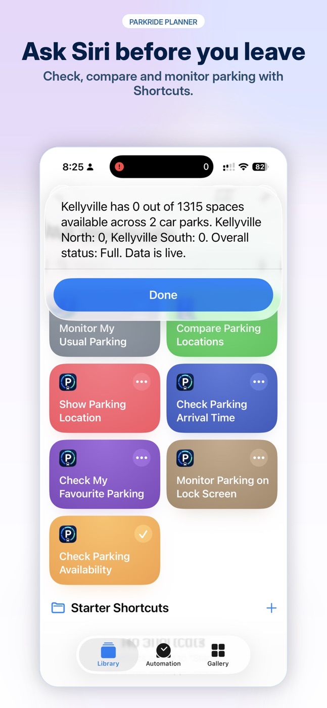 Siri and Shortcuts options for ParkRide Planner