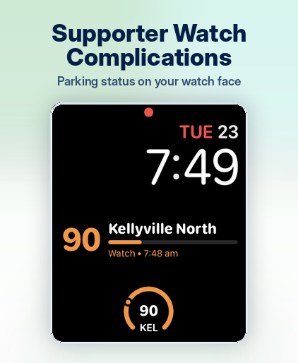 Apple Watch face showing a ParkRide Planner complication