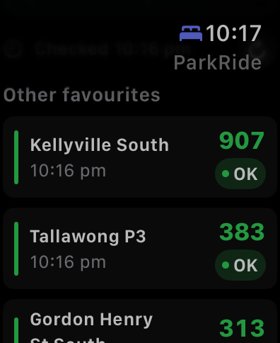 ParkRide Planner Apple Watch showing other favourite Park and Ride car parks