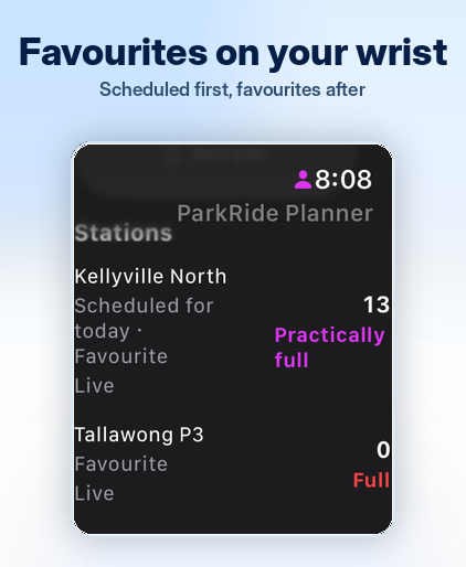 Apple Watch showing favourite Park and Ride car parks