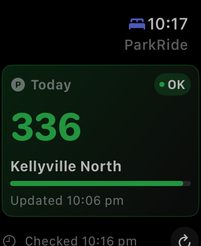 ParkRide Planner Apple Watch showing today's Kellyville North parking status
